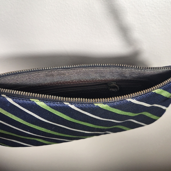 J. Crew 100% Silk Shoulder Bag Blue With Green And White Stripe Purse - Picture 5 of 8